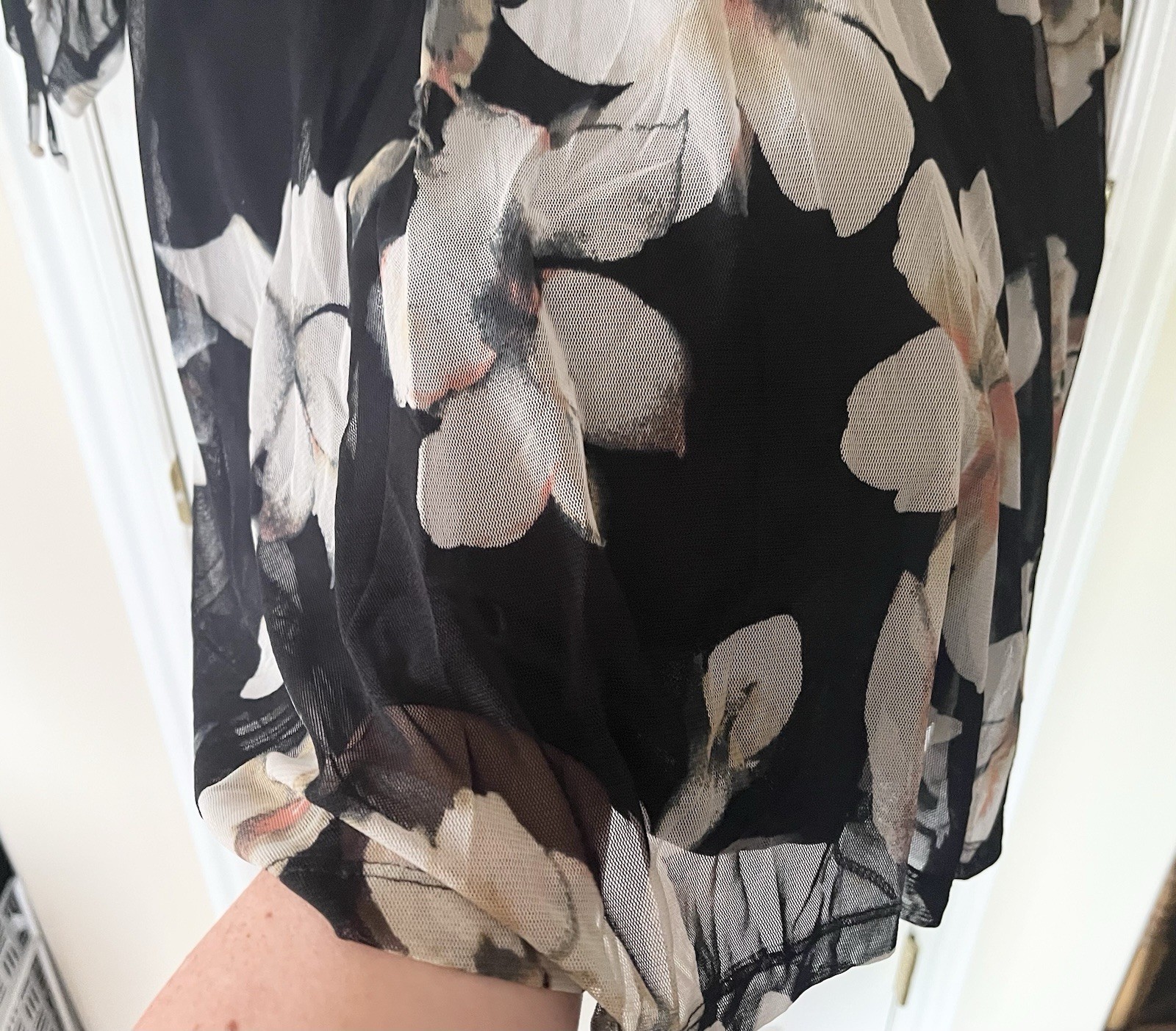 NWT Black Floral Dress – Size Large – A-Line – Sheer Half Sleeves – Lined
