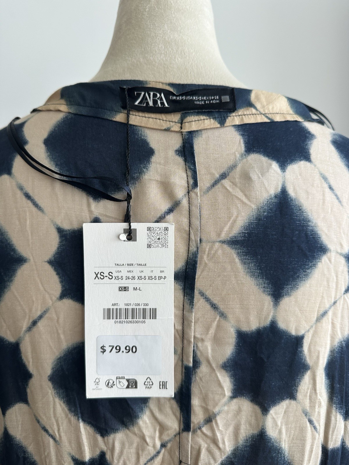 Zara Tan & Navy Geometric oversized Kaftan Dress Drawstring 100% Modal (XS-S)