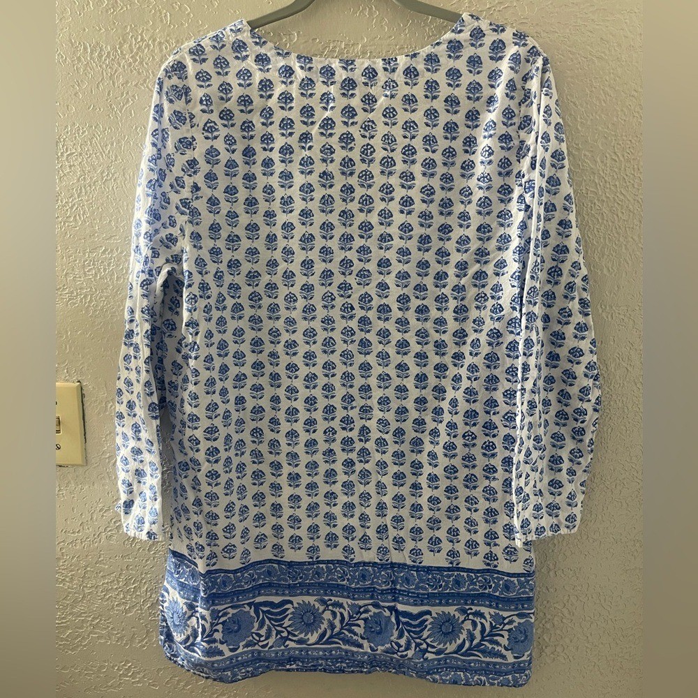 Pomegranate Resort Blue/White Bohemian Vacation Mini Tunic Cotton Dress Large