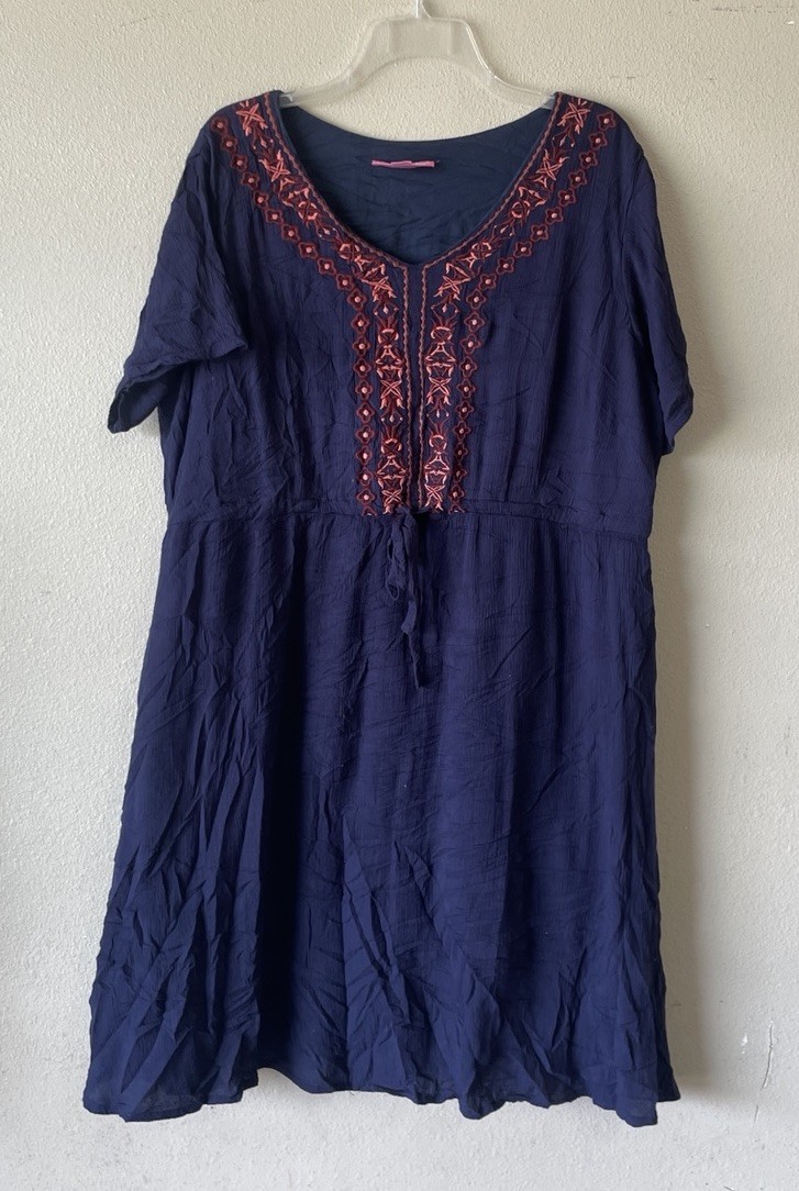 Plus Size Dress Navy Blue Woman Within 20 W Pink Embroidery Floral Trim