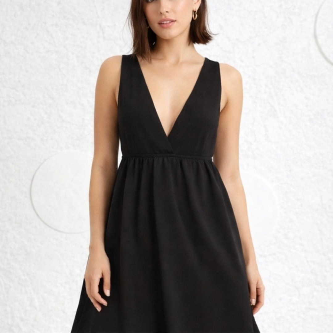 Stradivarius Black Sleeveless V-Neck Midi Sundress Cotton Zip Size S
