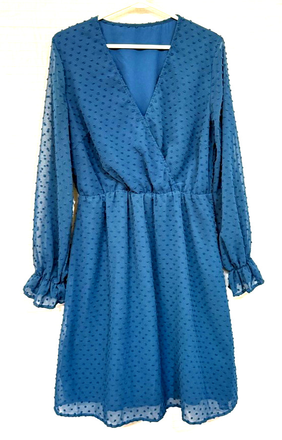 EUC Semi-Sheer Long Sleeve Chenille Dotted Dress, Lined SZ L Blue