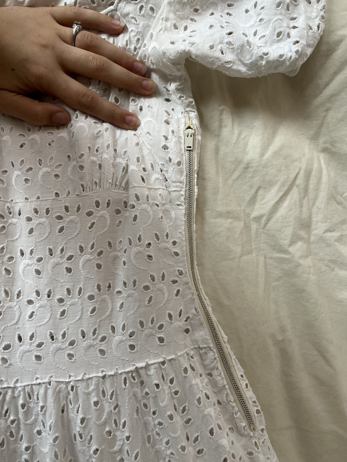 1950s true vintage white eyelet puff sleeve square neck lined midi dress XS