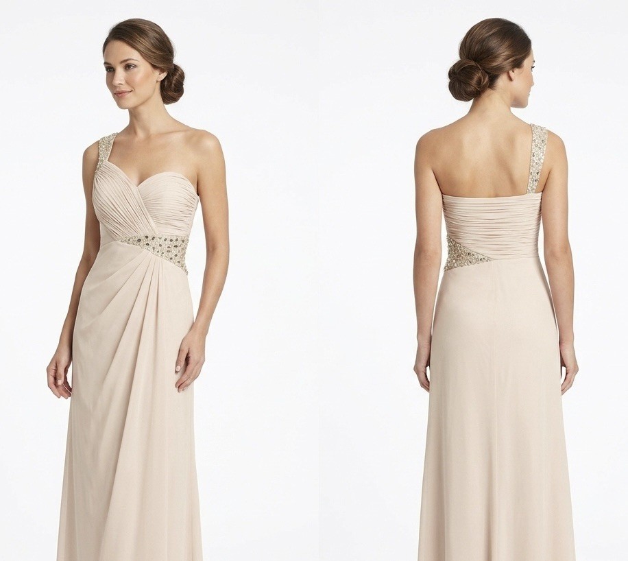 BNWT Dynasty nude embellished one shoulder formal very long maxi dress gown 14