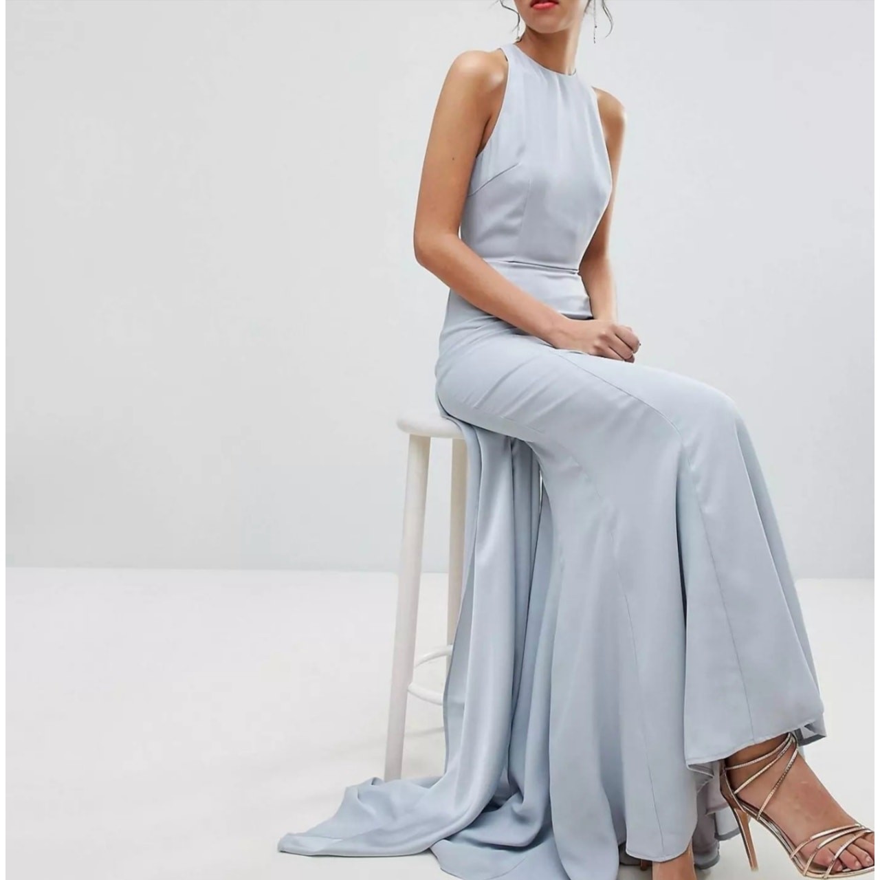 Jarlo Soft Gray Long High Neck Open Back Maxi Dress Bridal Gown Size 14