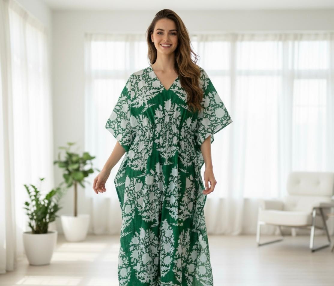 Anokhi,Vintage Indian Block Print Cotton Kaftan Long Maxi Dress Indigo Caftan