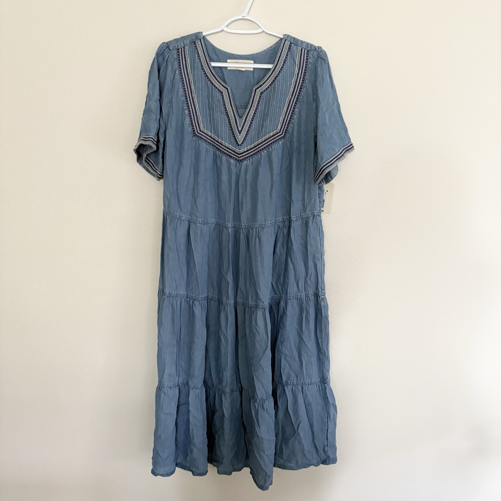 NWT Nurture By Westbound Blue Chambray Tiered Midi Dress Size L Boho Cowgirl