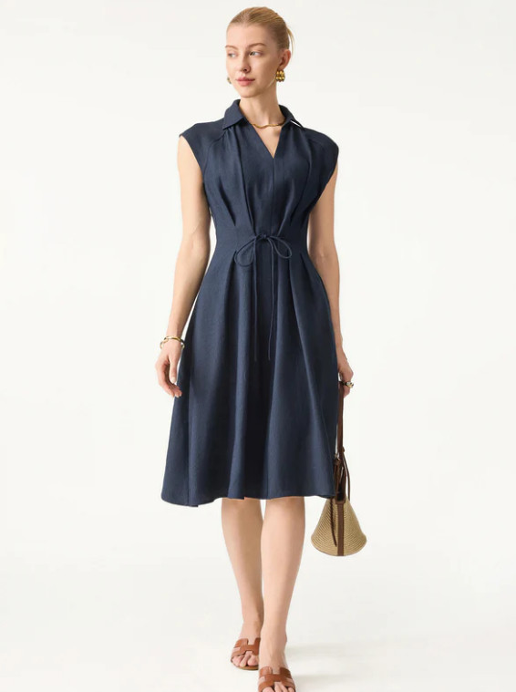 OGL Viscose-Linen Collared V-neck Midi Dress with Drawstring Pick Color/Size NWT