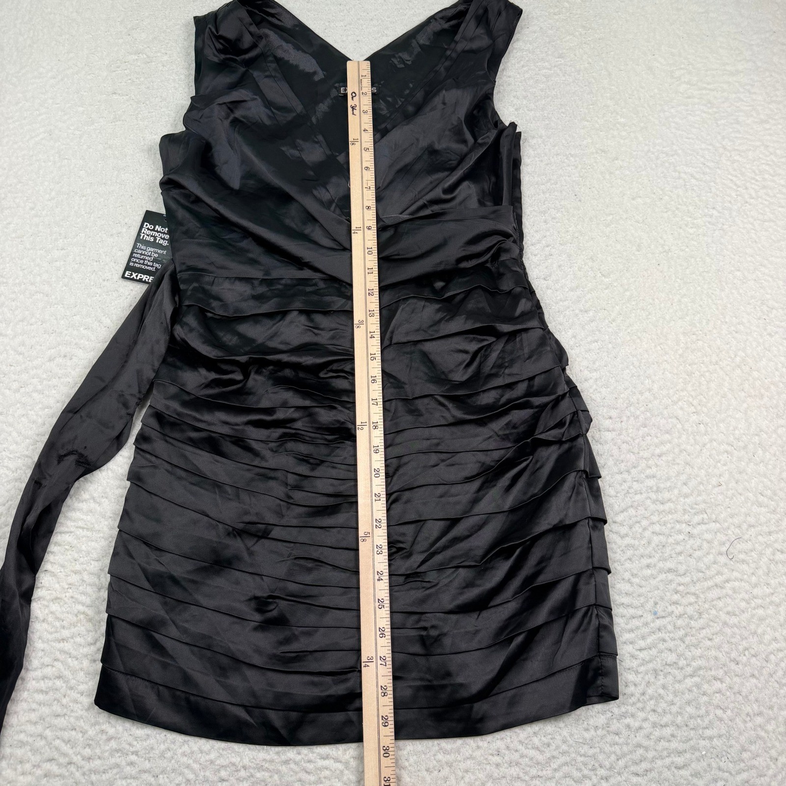 NWD Express Ruched Mini Dress Sz 10 Black Satin Faux Wrap V-Neck Party Cocktail