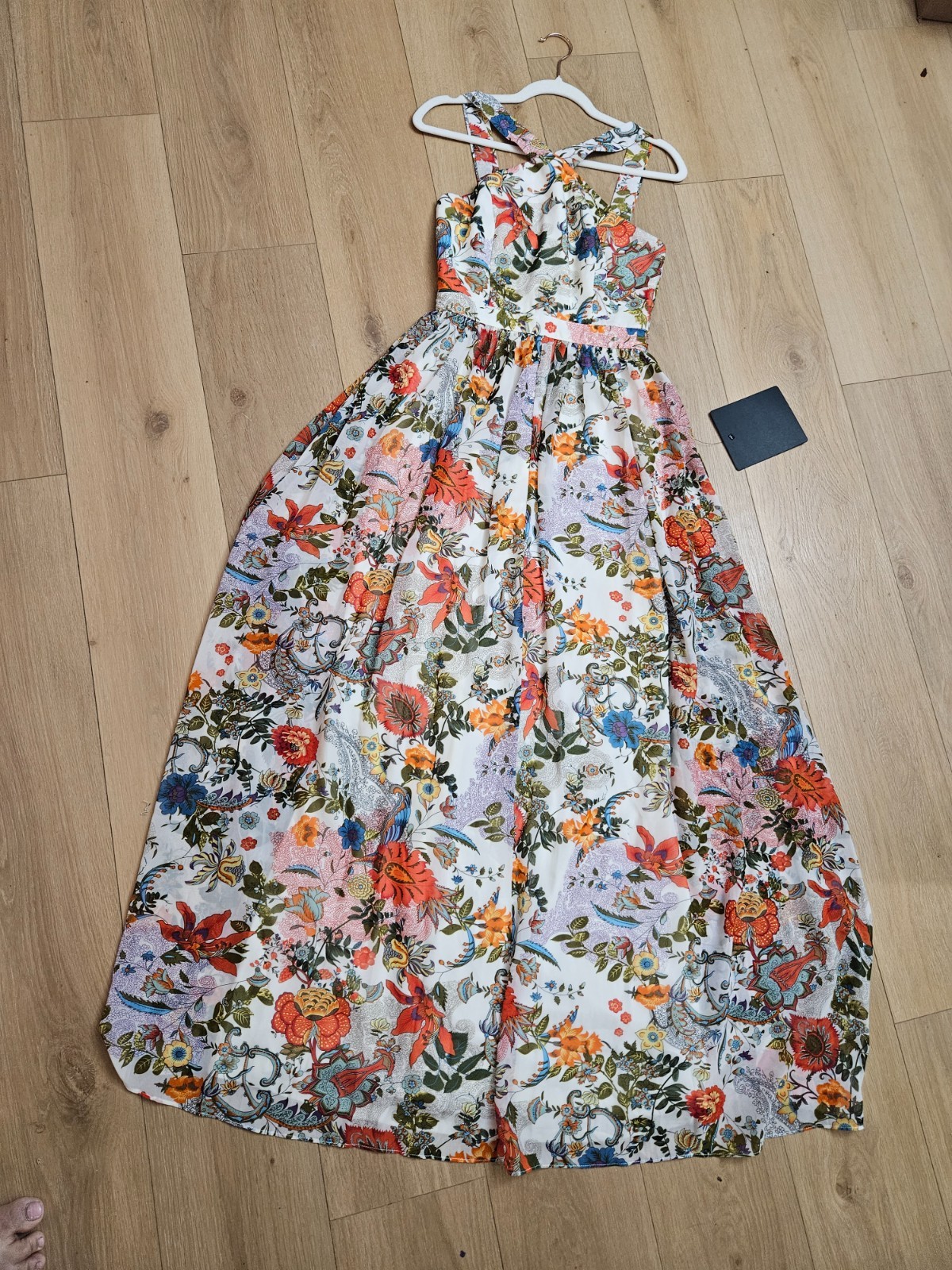 NWT Lulus Lilja Blue&Cream Floral Print Maxi Dress Size Small Classic