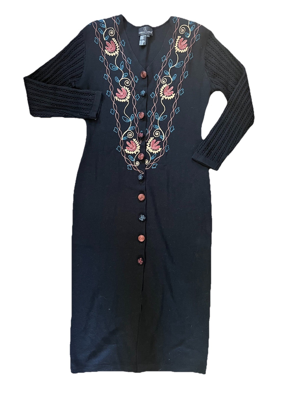 Vintage Carole Little Maxi Sweater Dress Womens Size L Black Floral Acrylic Wool