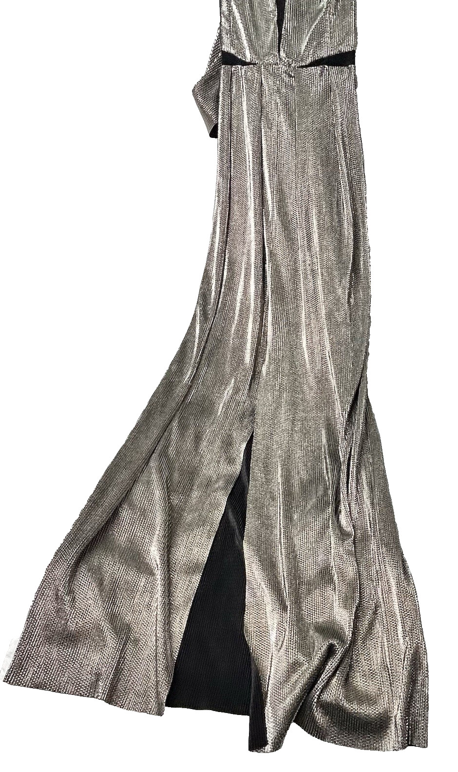 BCBGeneration Maxi Dress Crisscross Black Gold Metallic Size 10 NWT Front Split