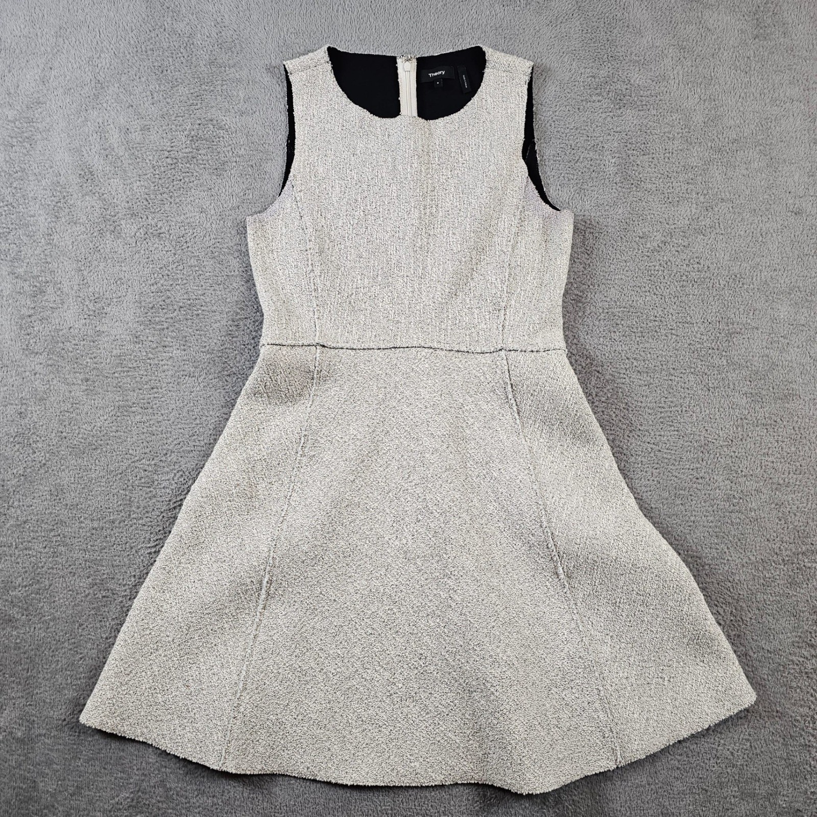 Theory Madison Grey White Tweed Bonded Fit and Flare Sleeveless Dress Size 8