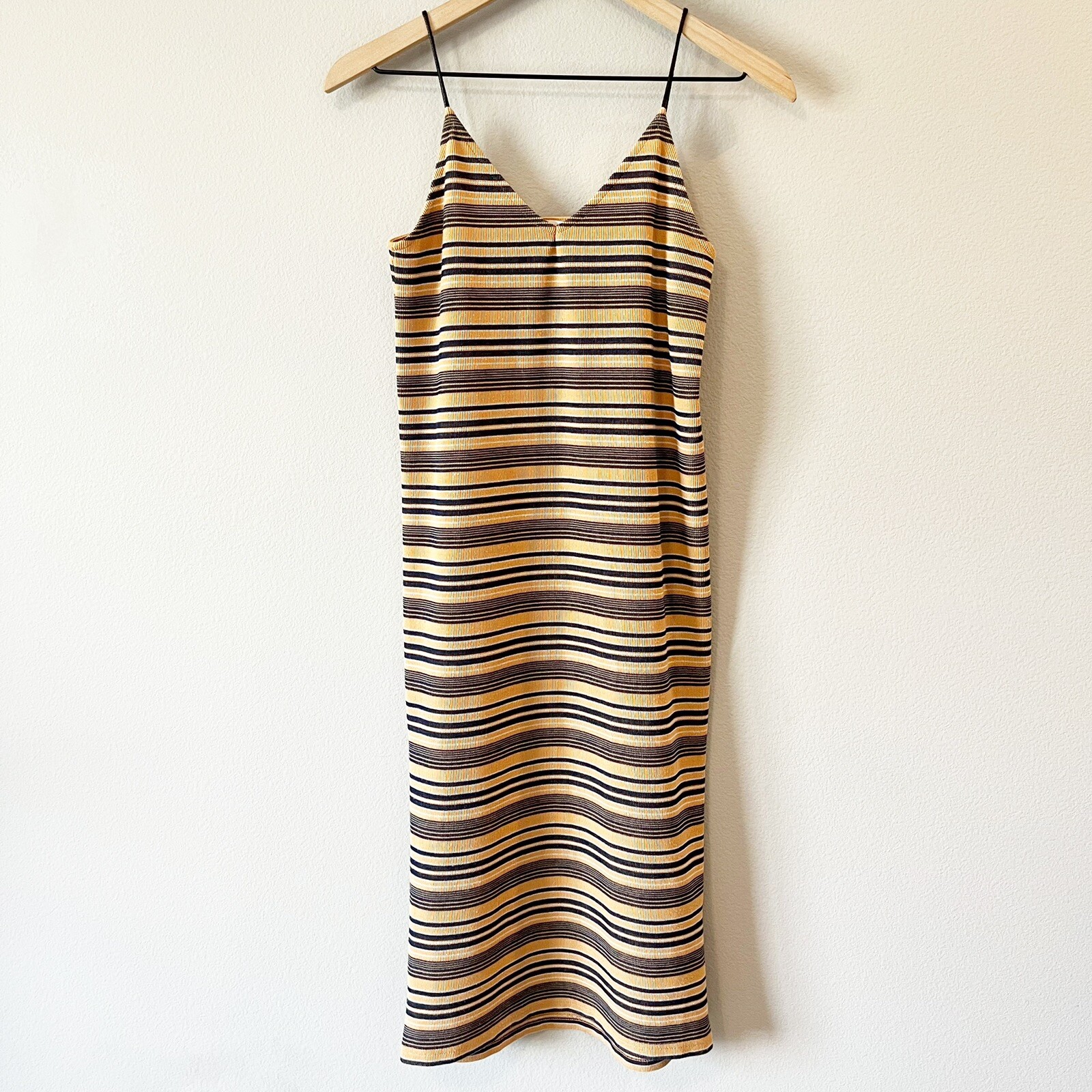 Moussy Ribbed Striped Sleeveless Bodycon Midi Dress Free Size Tan/Navy Blue