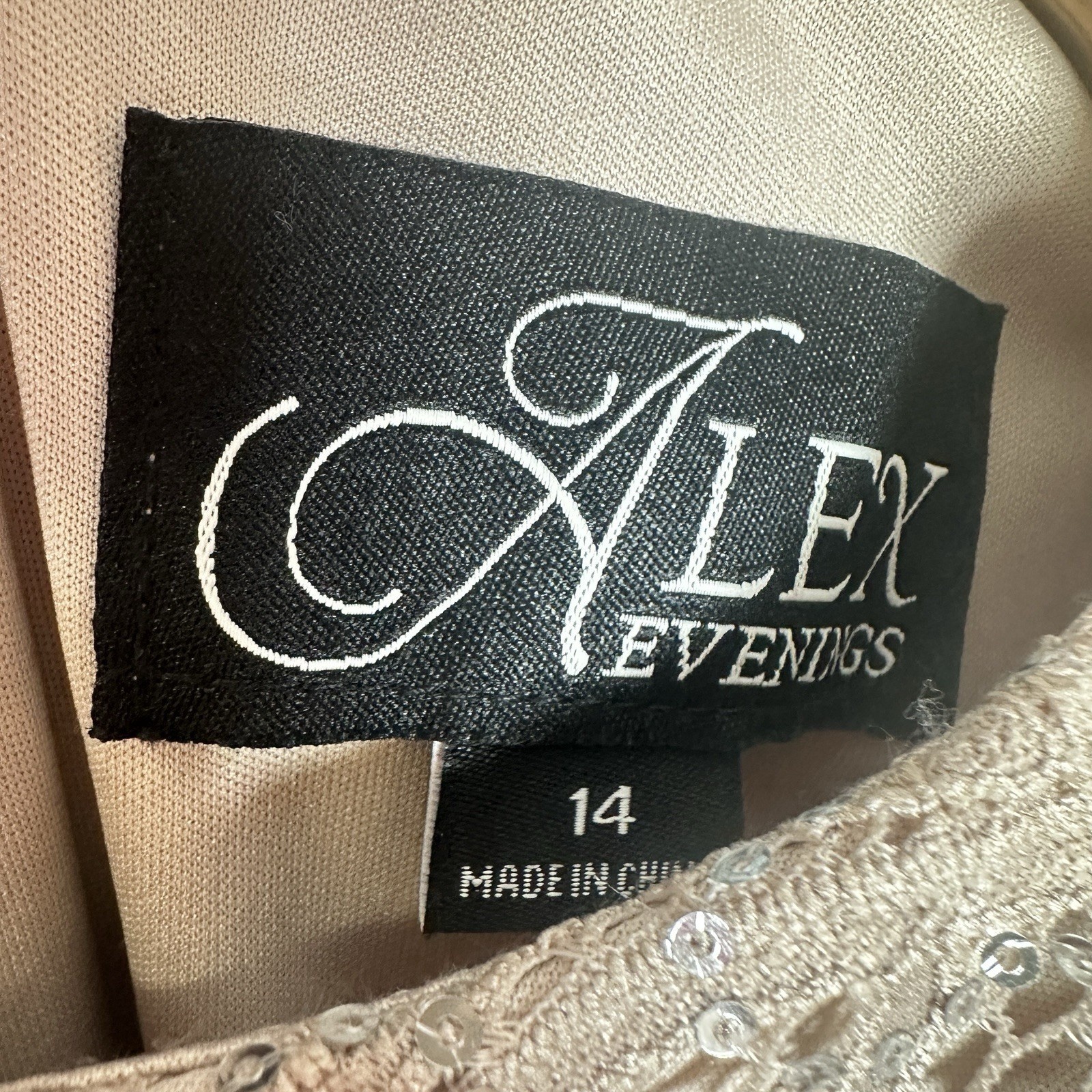 NEW ALEX EVENINGS SEQUIN LACE Cascading Ruffle RUCHED EVENING GOWN 14 Buff Taupe