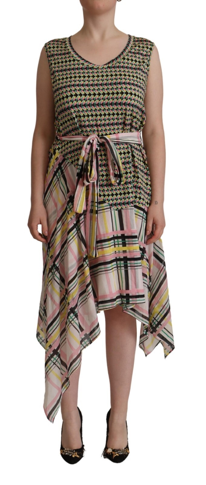 PIANURASTUDIO Dress Multicolor Cotton Sleeveless Asymmetrical Midi IT48/US14/XXL