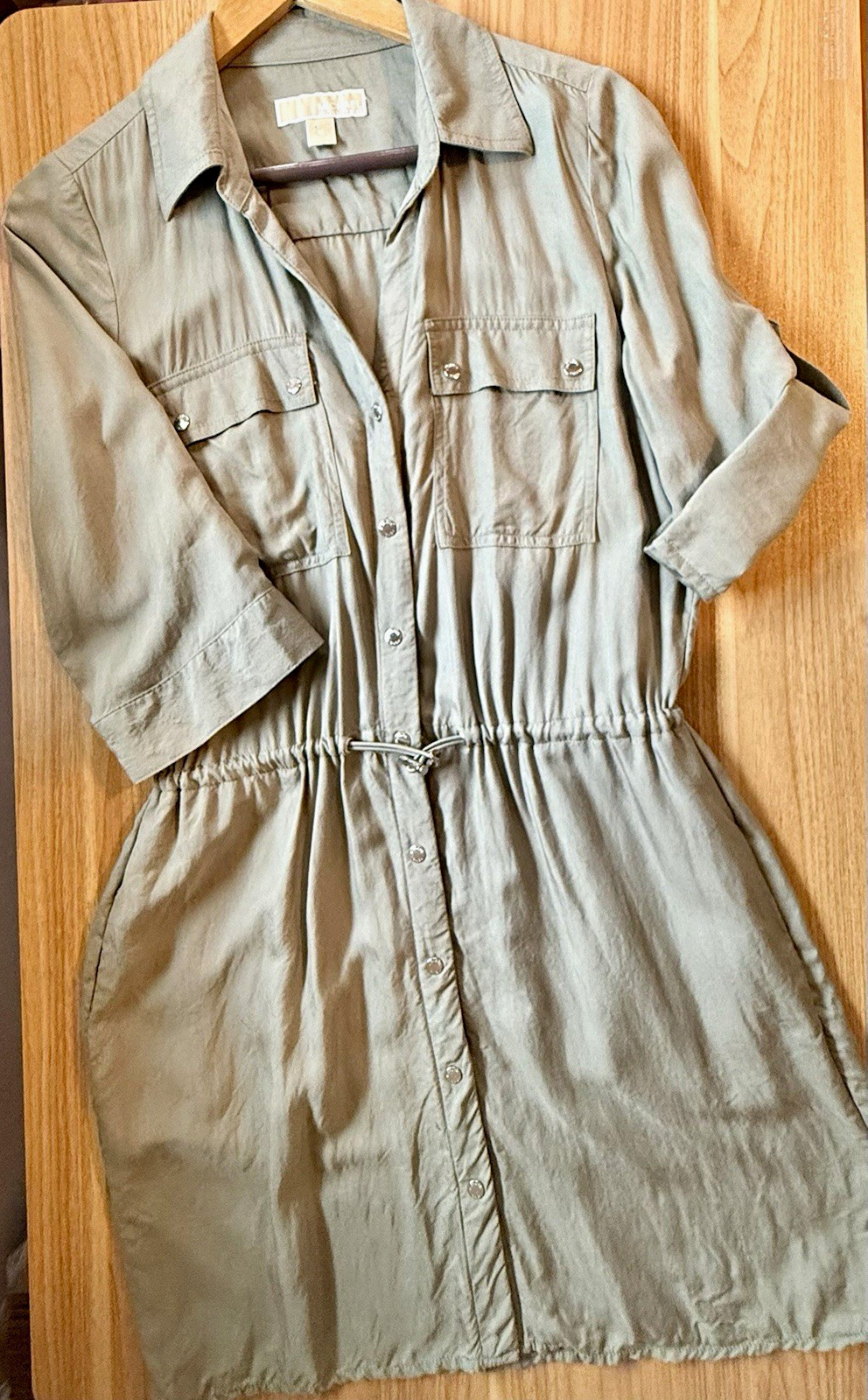 Michael Kors Green Rayon Collared Button Shirt Dress Pockets Drawstring Medium