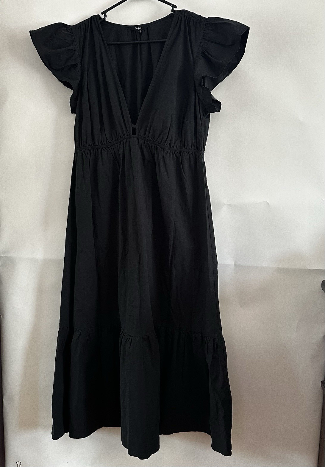 Rails Tina Dress Women’s Size L Black V-Neck Flutter Sleeve Tiered Midi Cotton