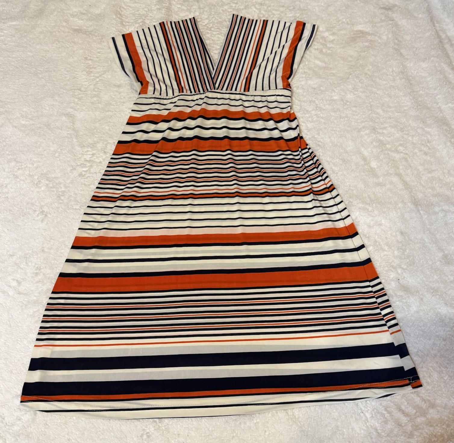 Second Skin NYC Striped V-Neck Midi Dress – Orange, Navy, White Size Large