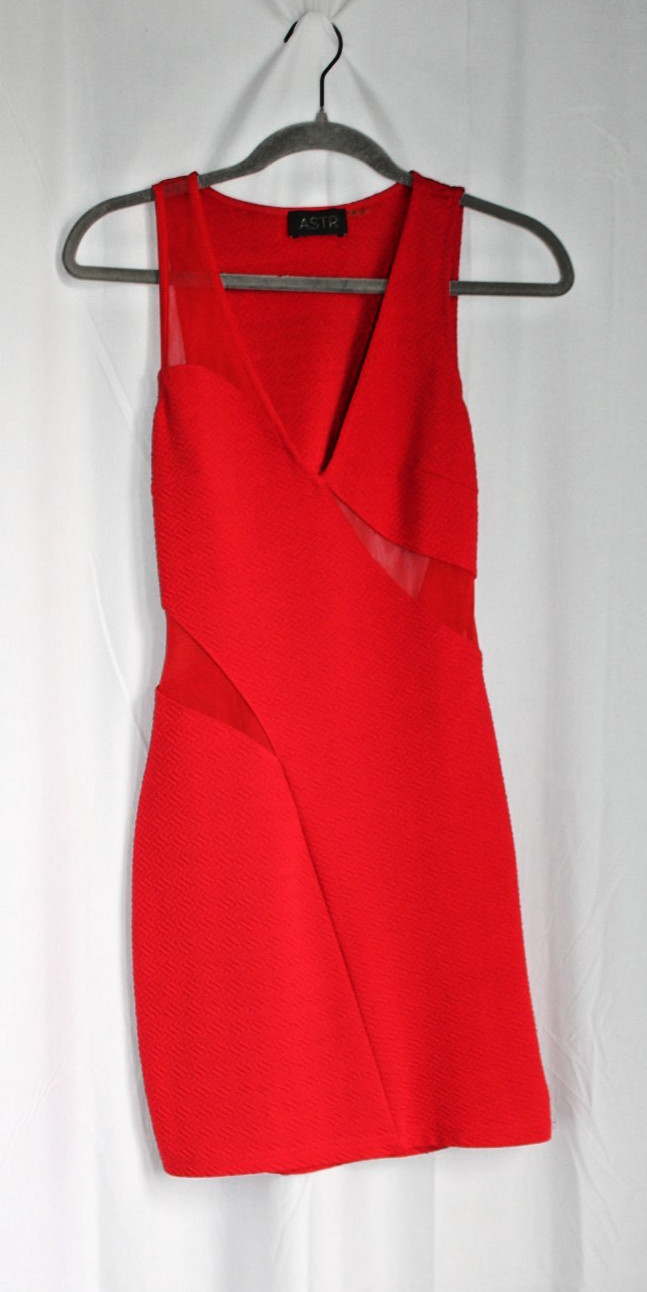 ASTR Bright Red Sheath Dress Mesh Panels V-Neck Stretchy Cut-out Back Bodycon S