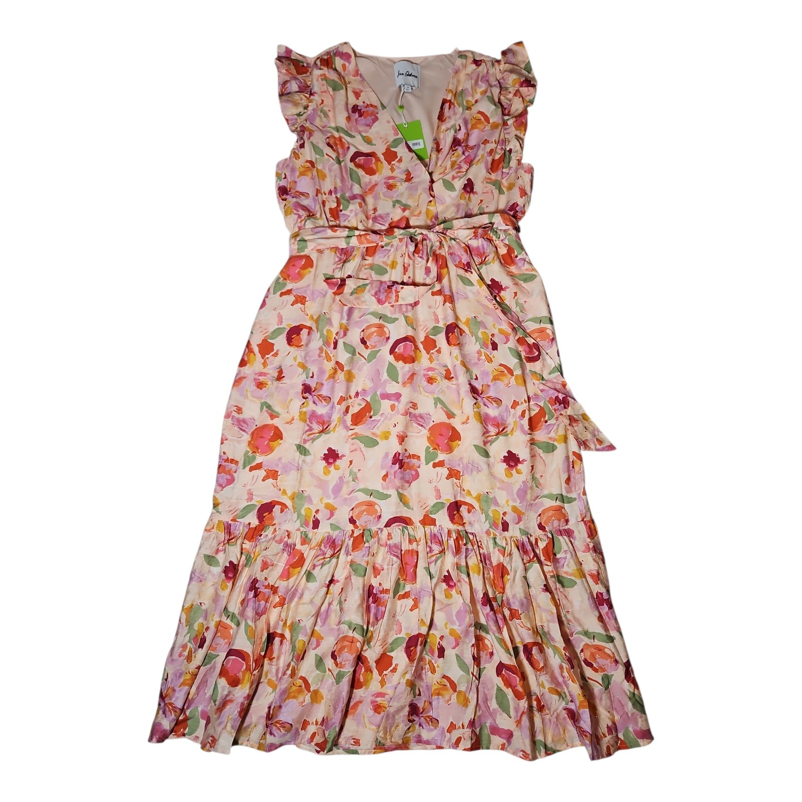 Sam Edelman Flutter Sleeve Midi Floral Peach Ruffled Pocket Dress Womens Size 14