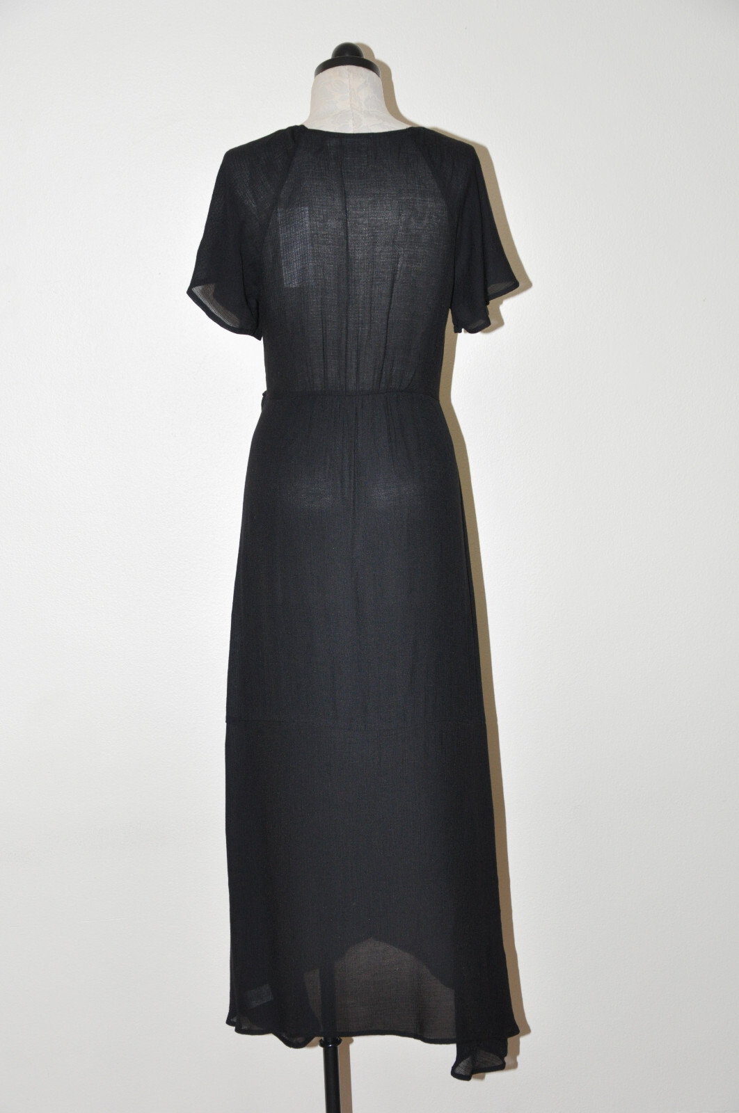 Lush Black Cotton Gauze Sheer Plunging Neckline Long Maxi Wrap Dress LBD Women M