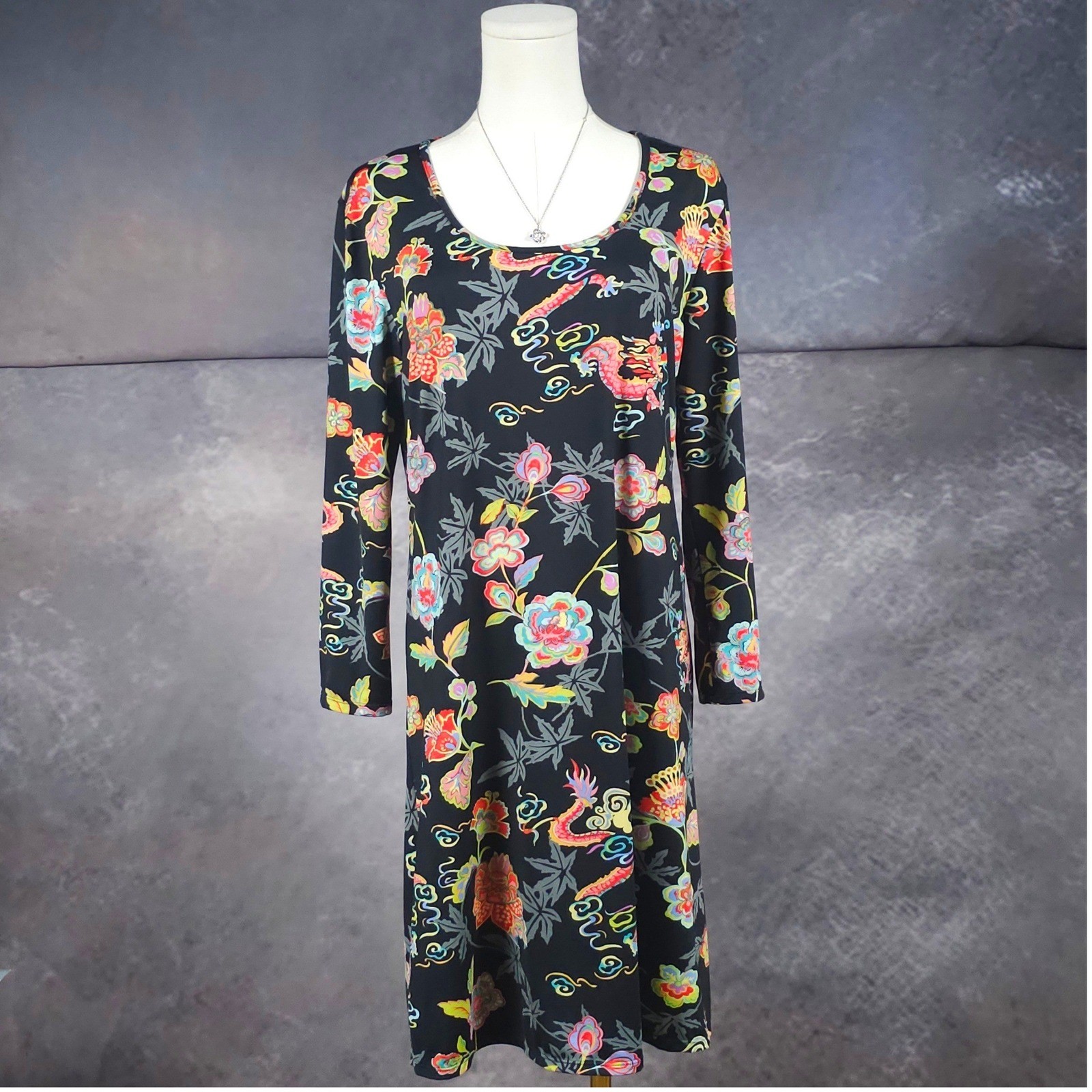 RARE Y2K Vintage Cruz by Natori Dragon Print Chinoiserie Midi Shift Dress M NWOT