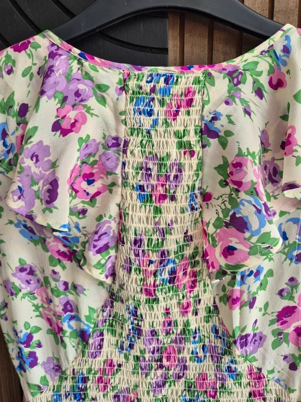 Warehouse Vintage Y2K 100% Silk Cream Purple Floral Tiered Ruffle Dress Size 10