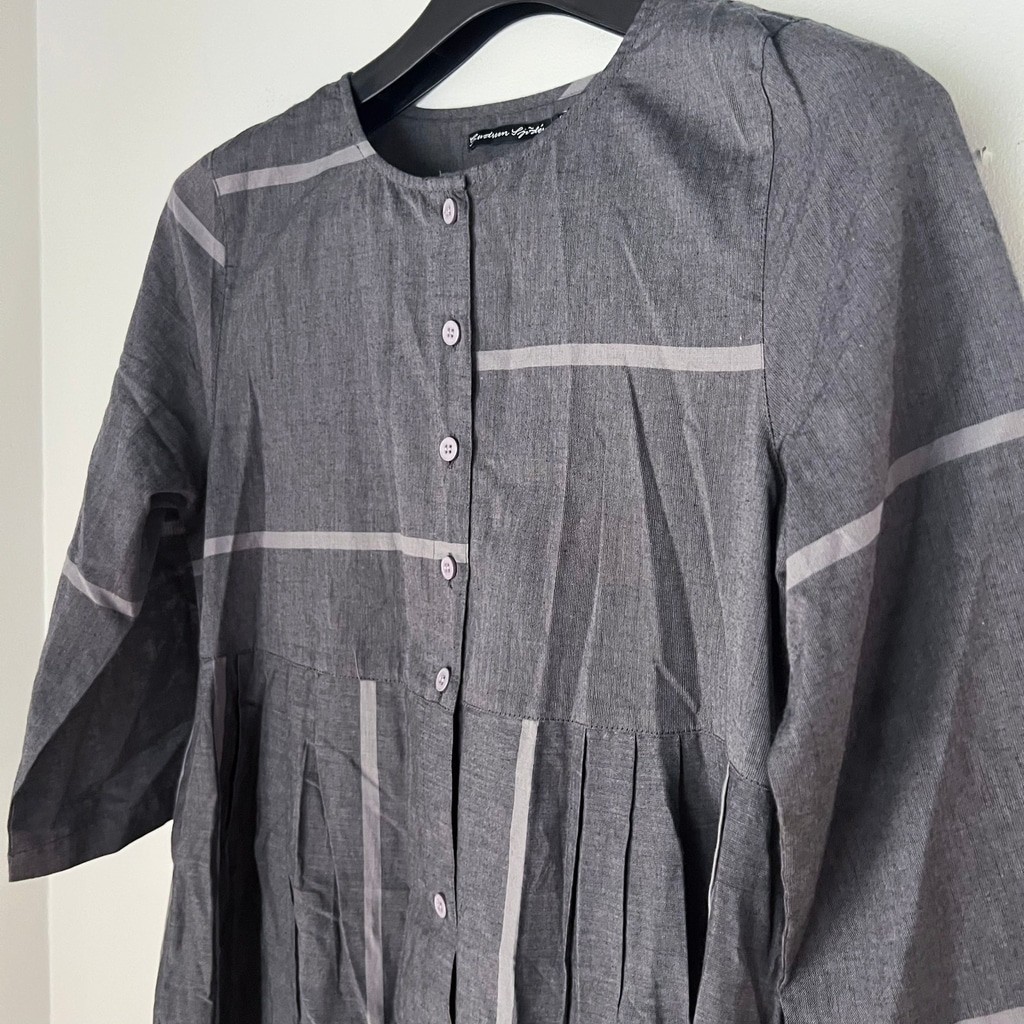 Gudrun Sjoden Gray Sripe Organic Cotton Oversized Midi Dress Small Lagenlook