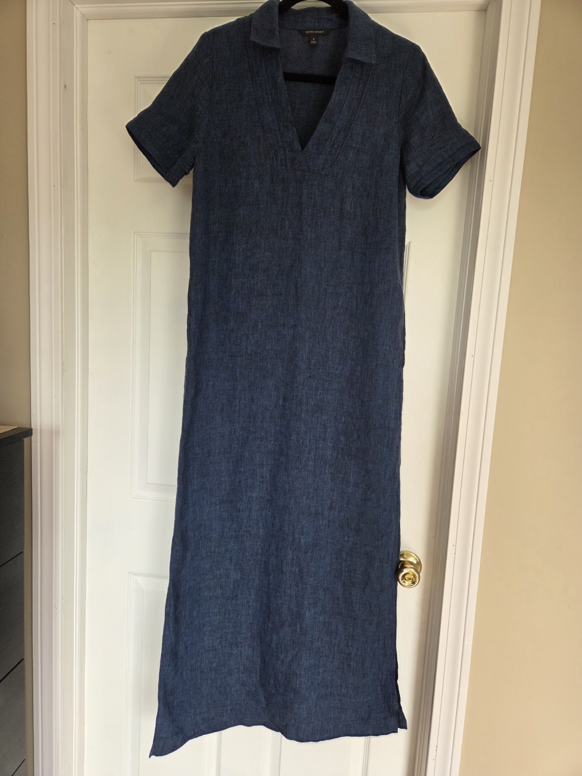 Banana Republic Womens Cruz Tunic Kaftan Slit Side Linen Indigo Maxi Dress Small