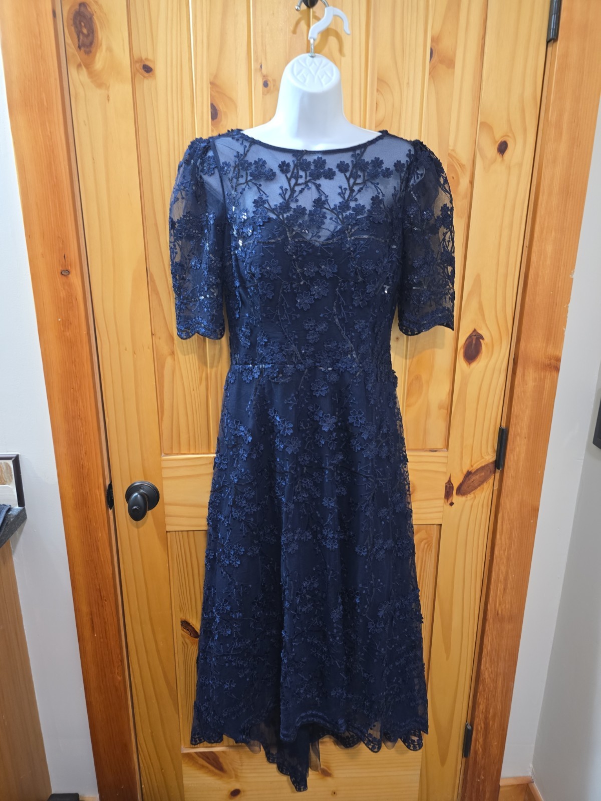 Teri Jon by Rickie Freeman Navy Lace Sequin High/Low 10 Flaw at button clasp