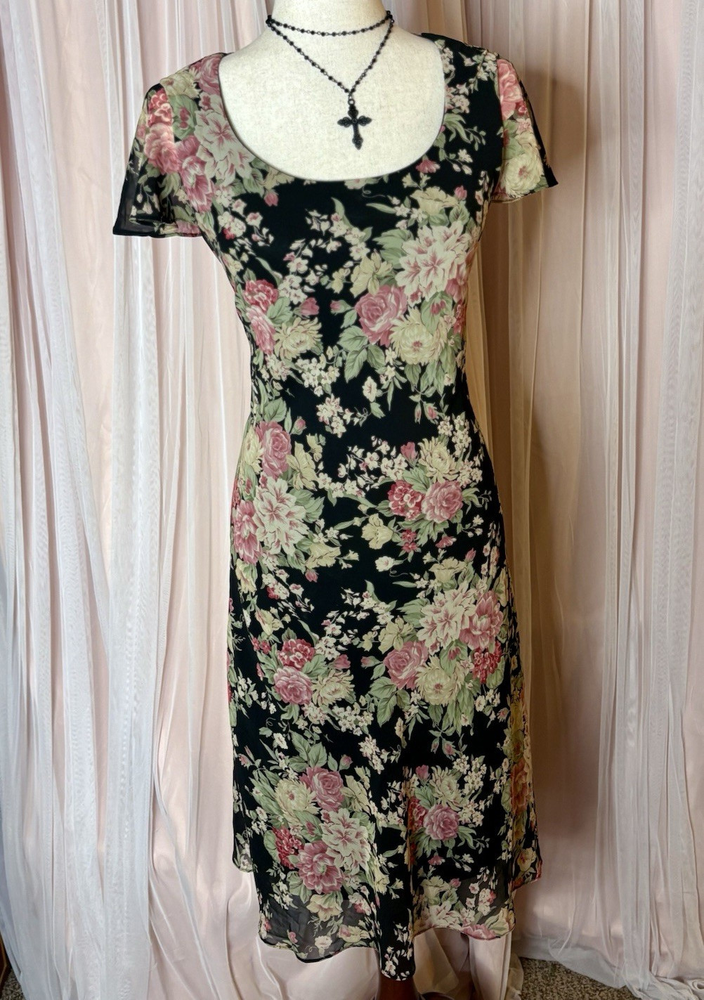 Y2K Floral Midi Dress Petite M Black Pink Cottagecore Romantic Bias Cut