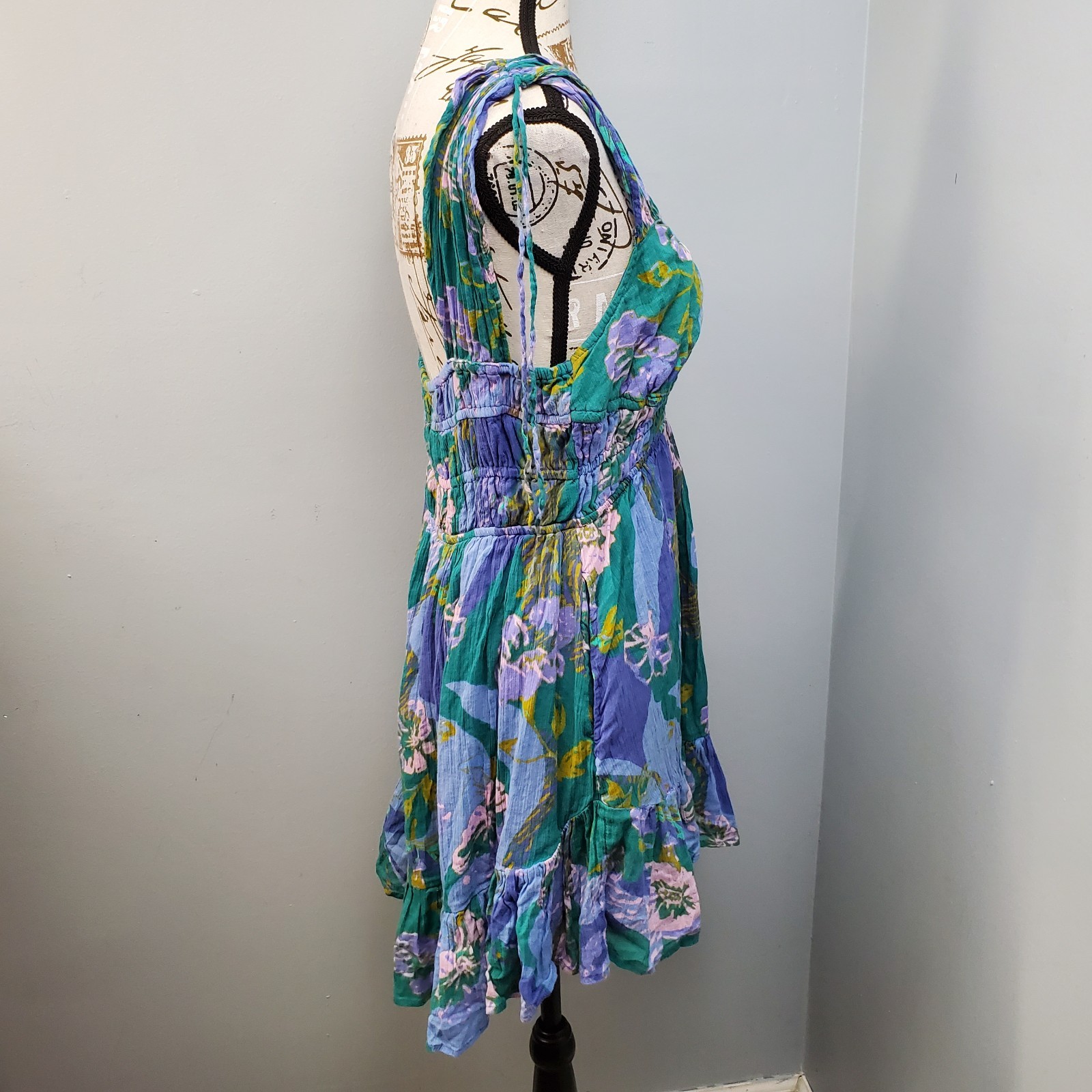 Free People Mini Dress Womens M Multi Floral Tiered Smocked Scoop Neck Backless