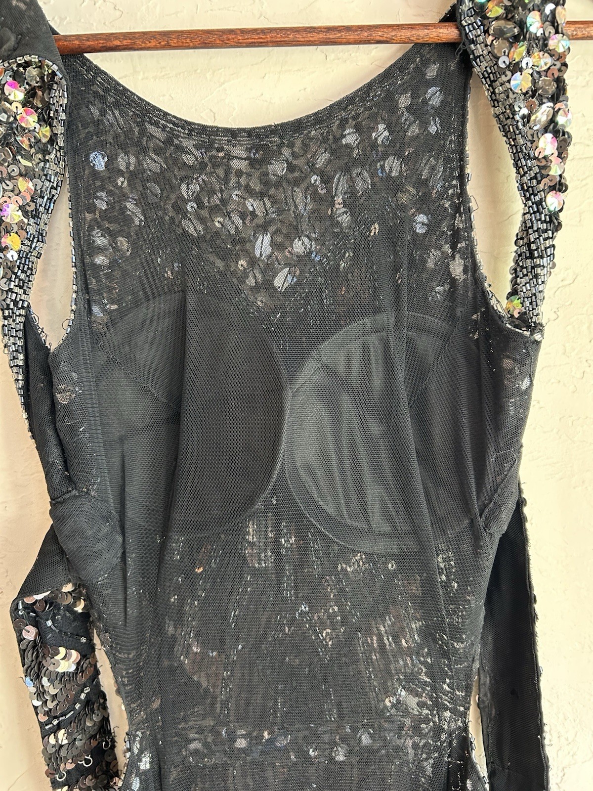 Cassandra Stone Mac Duggal Beaded Sequin Gown 6 Backless Formal Prom Thigh Slit