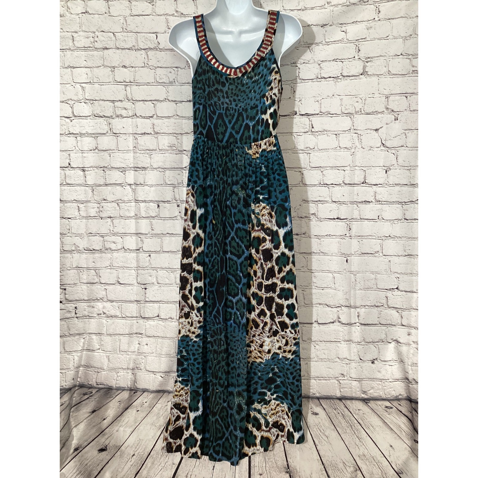 Christophe Sauvat Womens Mixed Animal Print Maxi Dress Teal Blue Embroidered S
