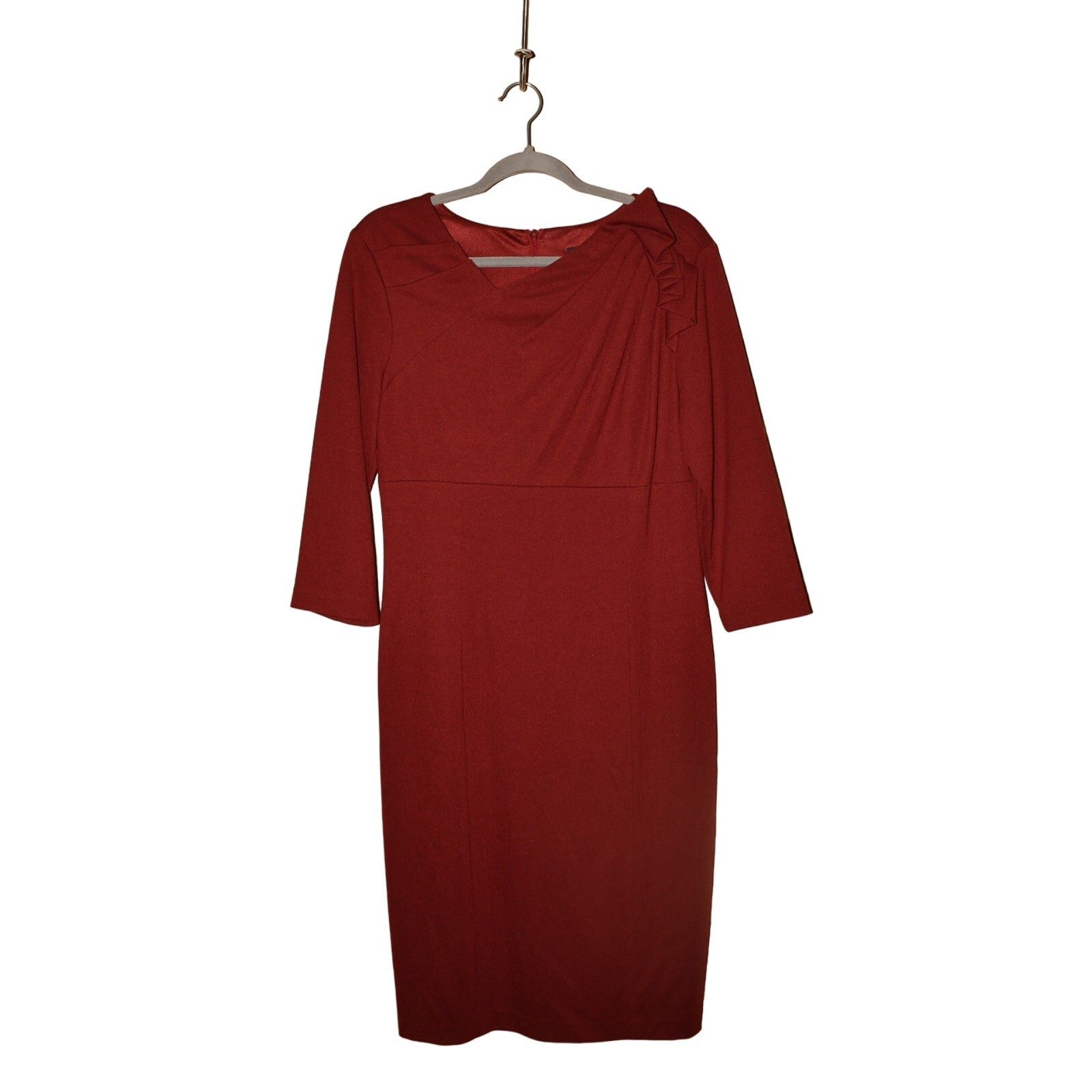 DAVID MEISTER $325 Asymmetric Neck Pleated 3/4 Sleeve Sheath Dress Dark Red 12