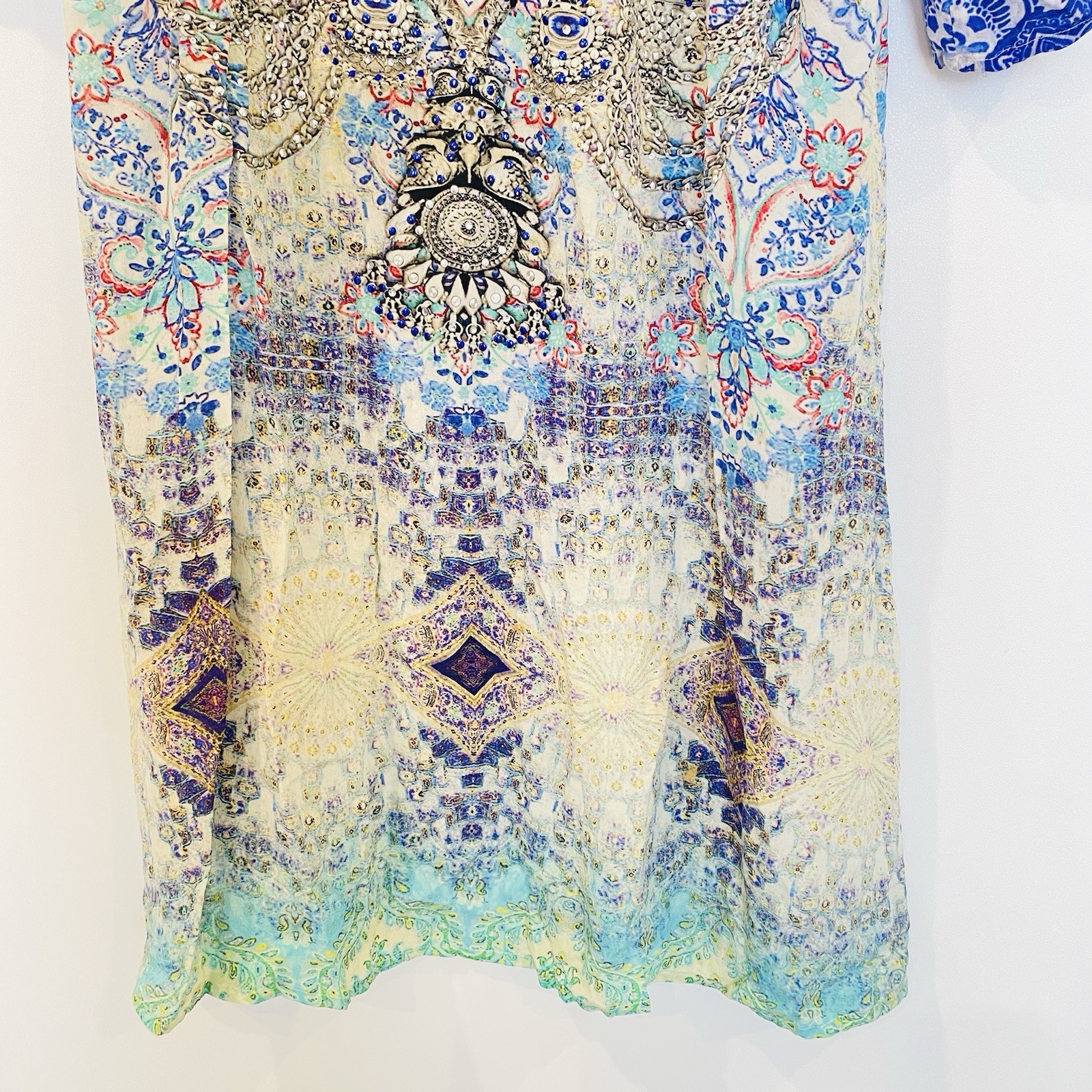 INOA 100% Silk Size 0 Blue Green Jewelled Aztec Patterned Kaftan Dress Boho