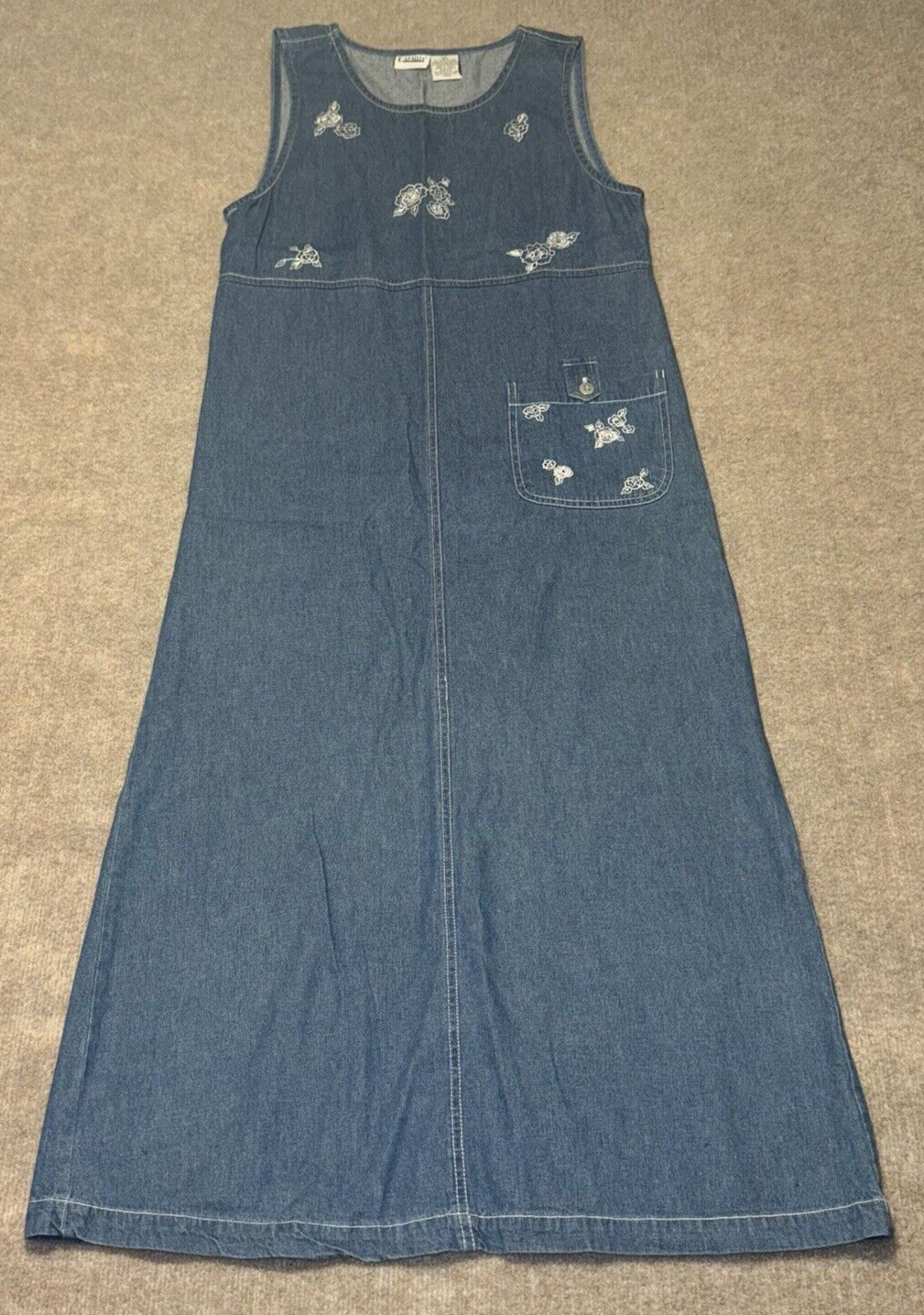 Vintage Capacity Tank Dress Sz Small Denim Maxi Jumper Modest Floral Embroidered
