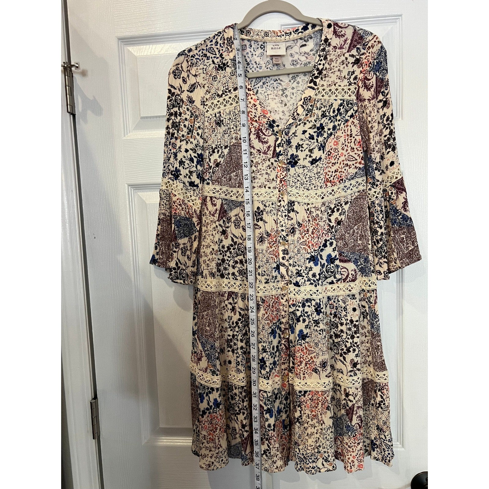 Knox Rose Mini Dress Rayon Crinkle Floral Paisley Patchwork Boho Bell Sleeve XS