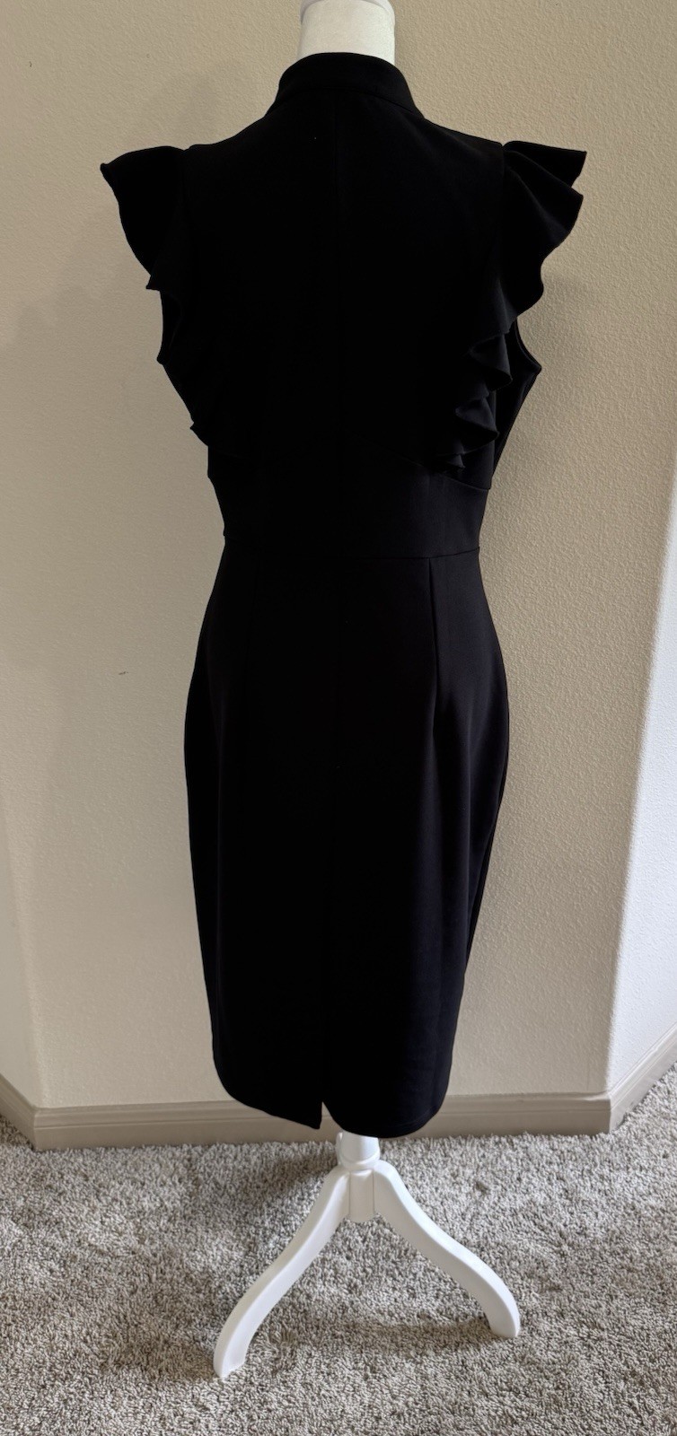MIUSOL Black V-Neck Ruffle Flutter Sleeve Sheath Knee Dress Zip Stretch L