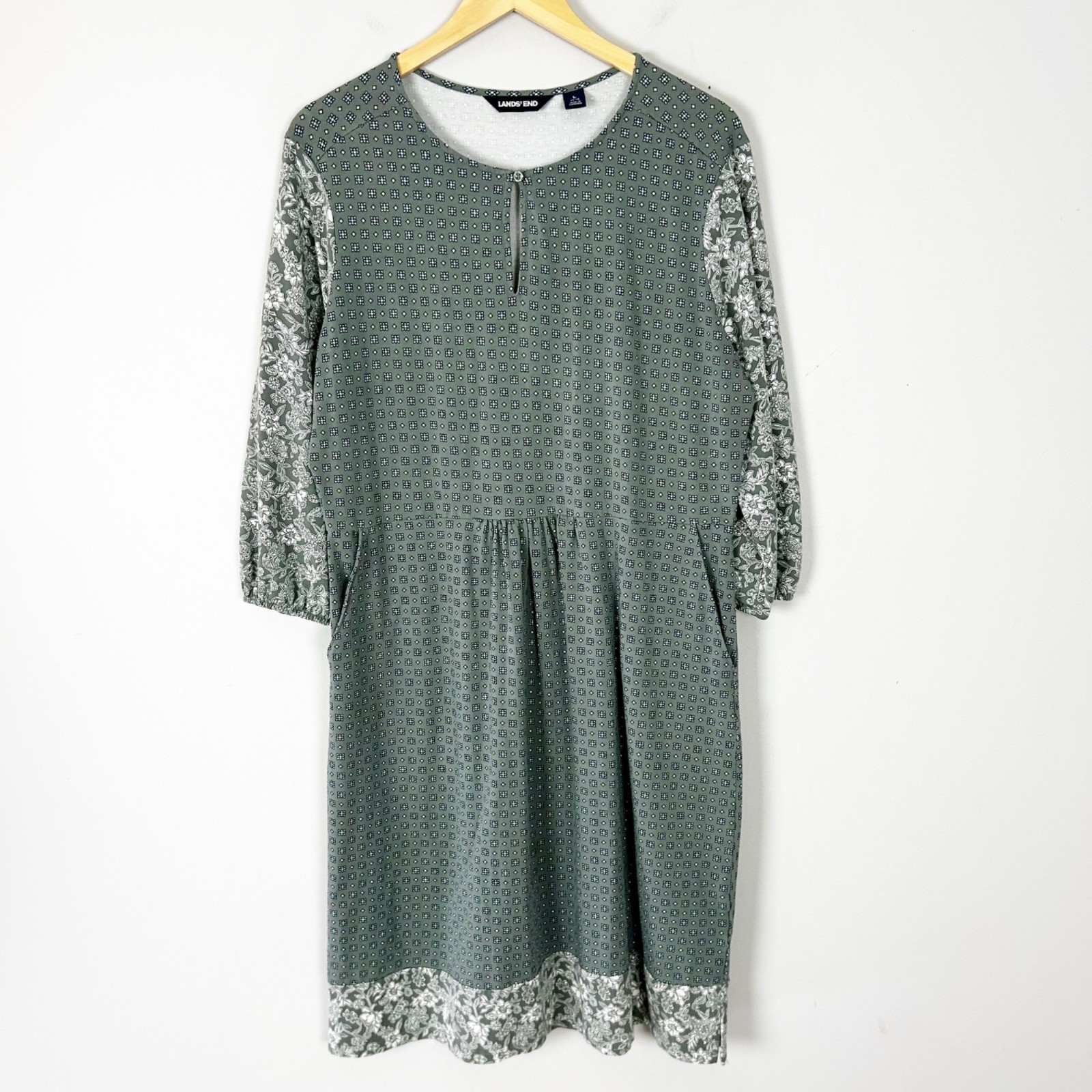 Lands’ End Soft Knit Midi Dress Mixed Pattern Sage Green Size Large 14-16 Womens