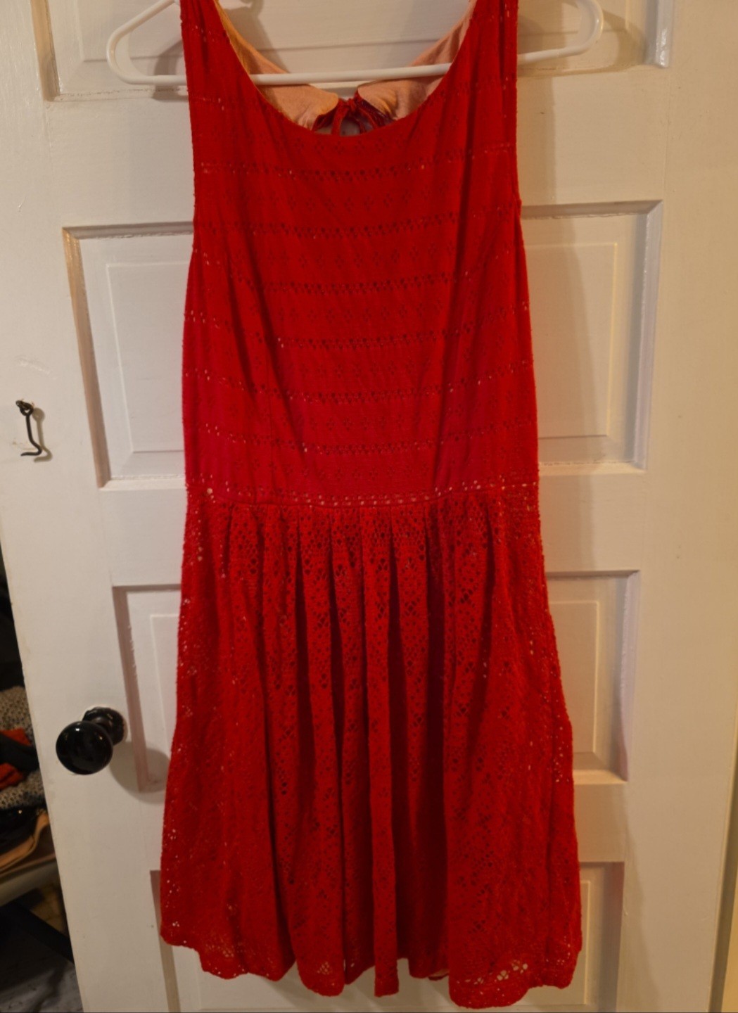 Red Eyelet Lace Sundress Sleeveless Fit & Flare Bow Tie Open Back Size M