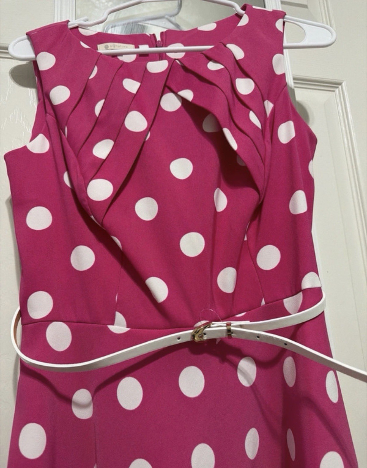 Dressbarn Darby Pink White Polka Dot Round Neck Sleeveless Belted Dress 6