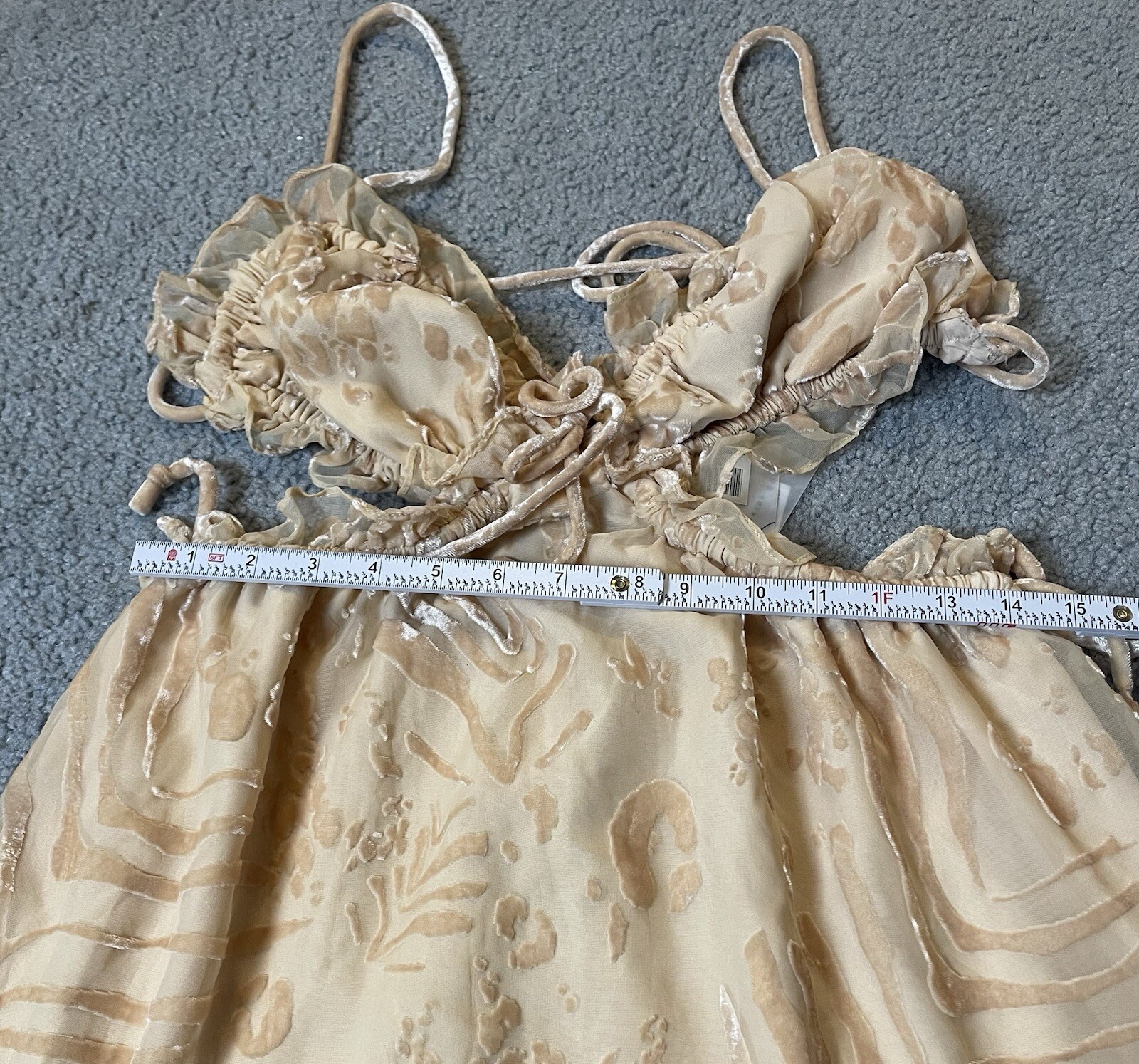 Saboluxe Strappy Open Back Dress M Mini Beige Velvet Floral Mesh Cut Out Waist