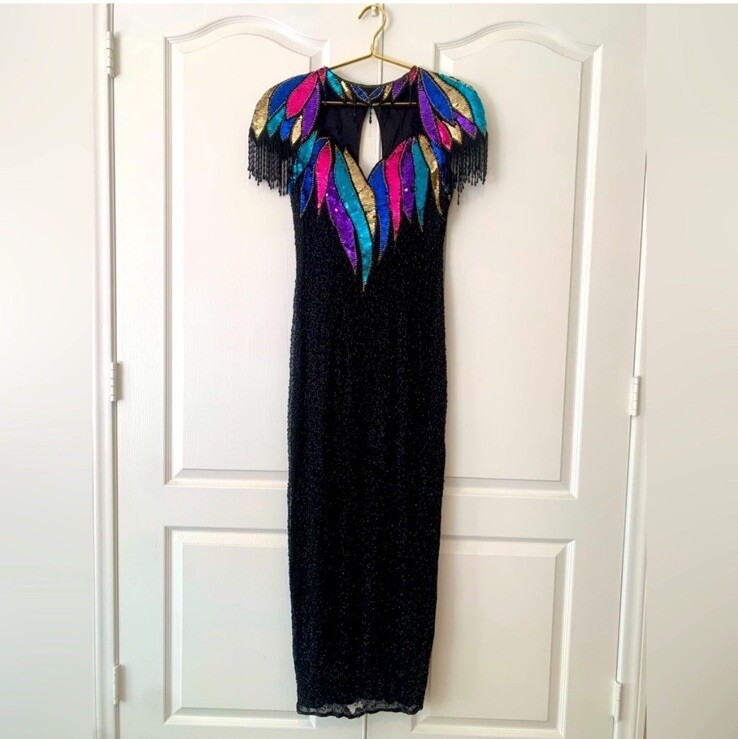 SHO MAX ORIGINALS 100% Pure Silk colorful Beaded Gown With Beaded Fringe Sleeves