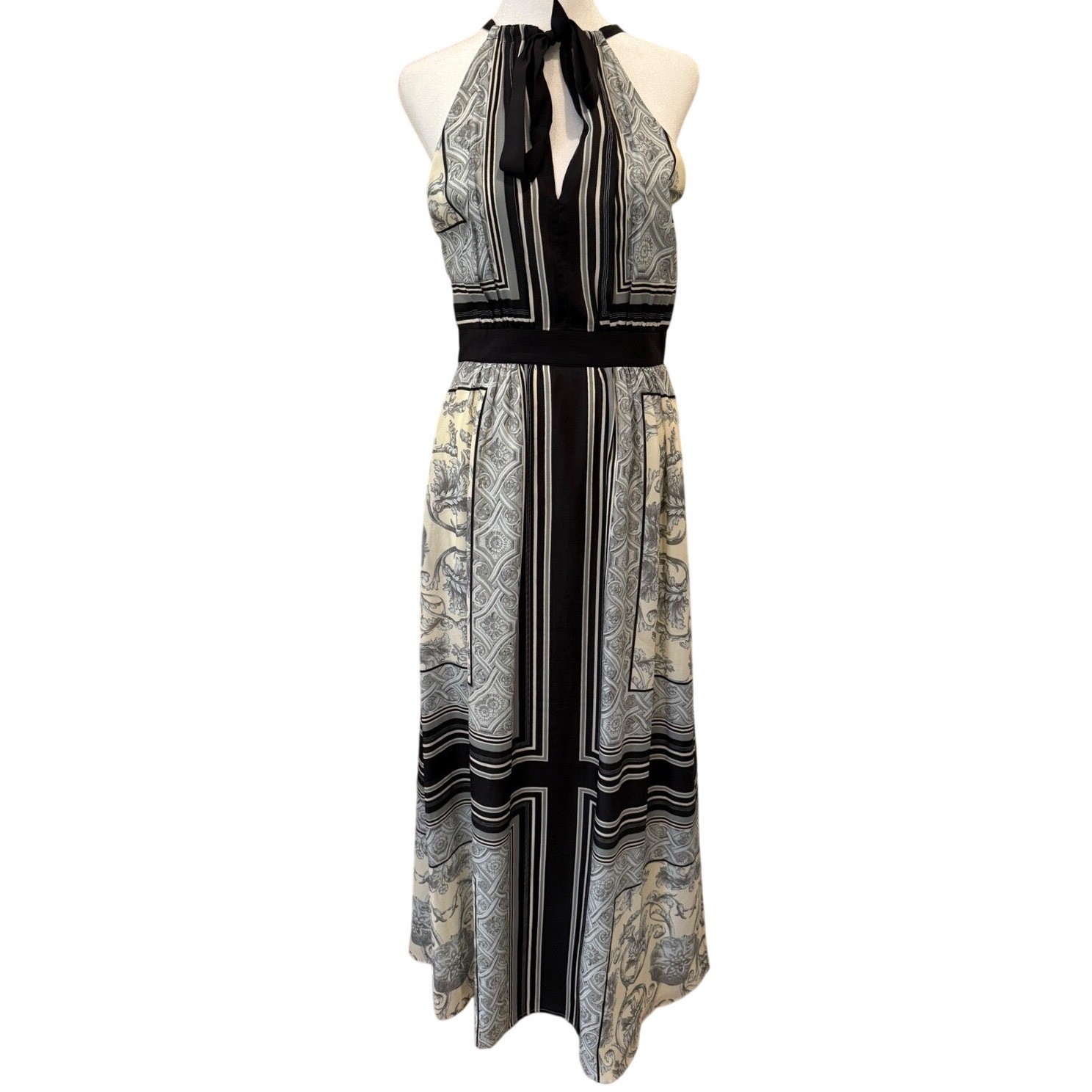 Vince Camuto Black Cream Baroque Geometric Halter Maxi Dress Sz 4