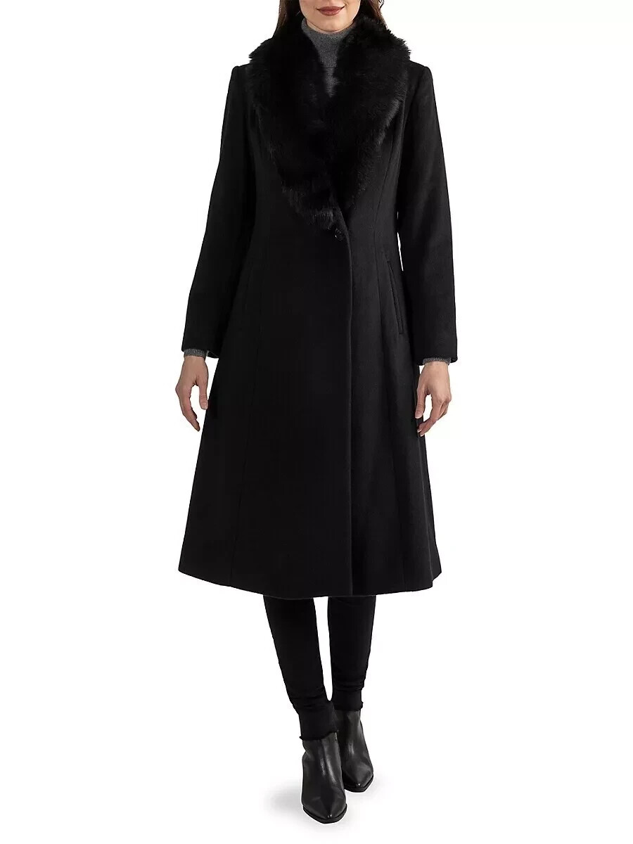 NEW Sofiacashmere Wool Blend Coat with Fur Shearling Collar Black SZ 10 #C4230