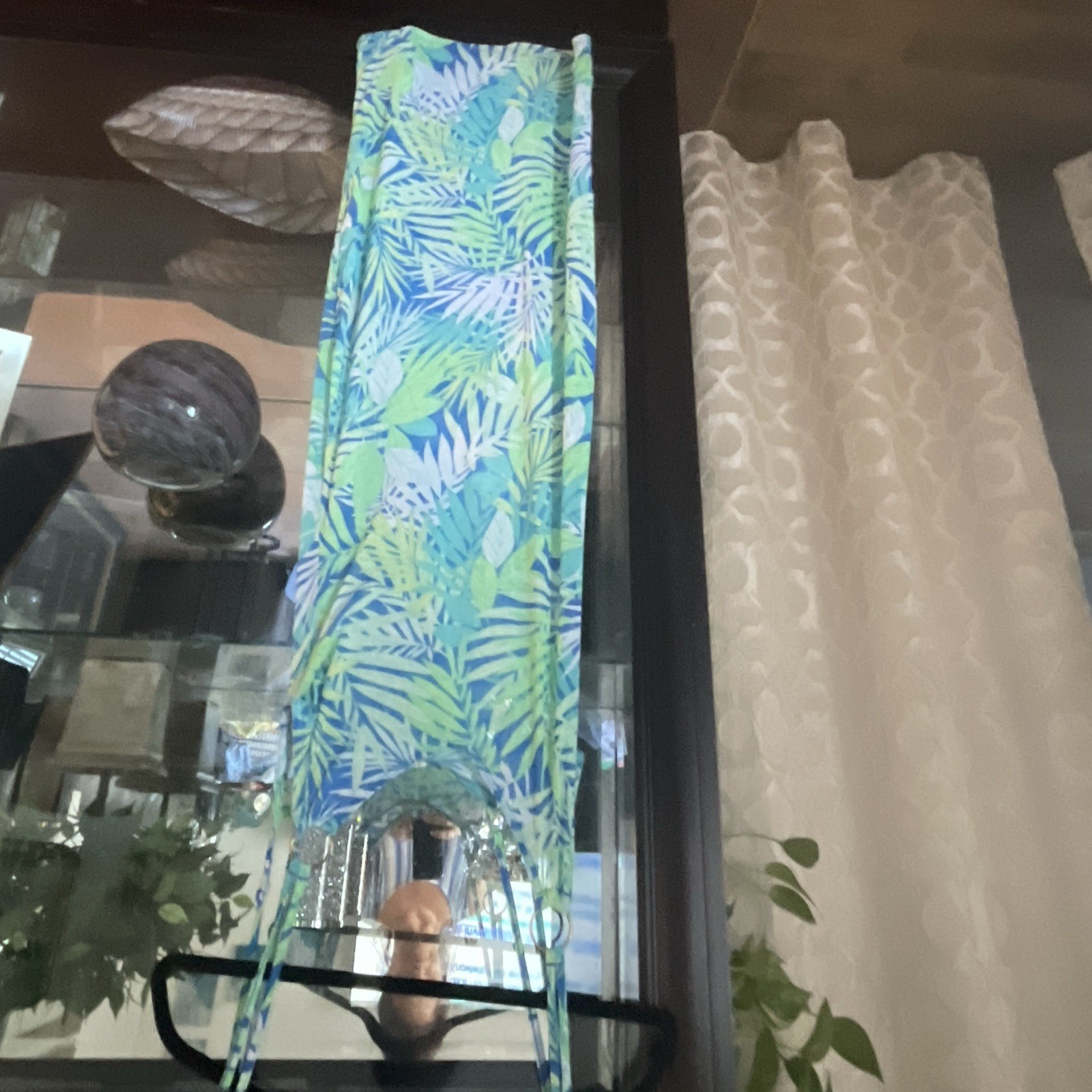 Blue/Green/White Floral Knit Stretch Scoop Neck Shift Dress Sleeveless L