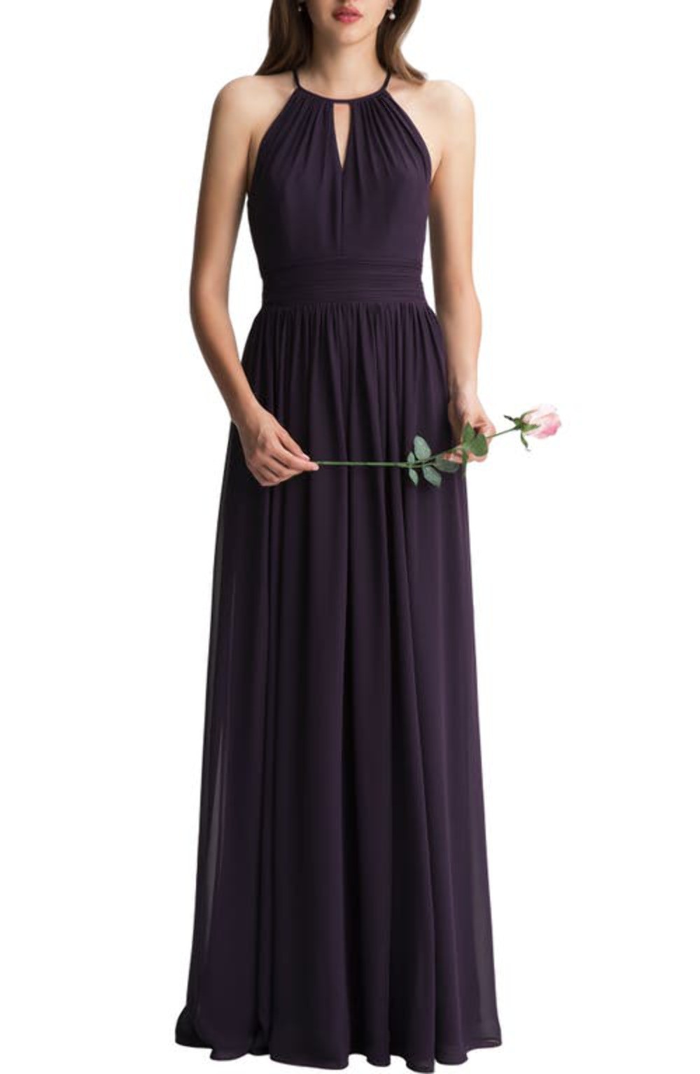 Levkoff Keyhole Neck Chiffon A-Line Gown in Plum Size 6