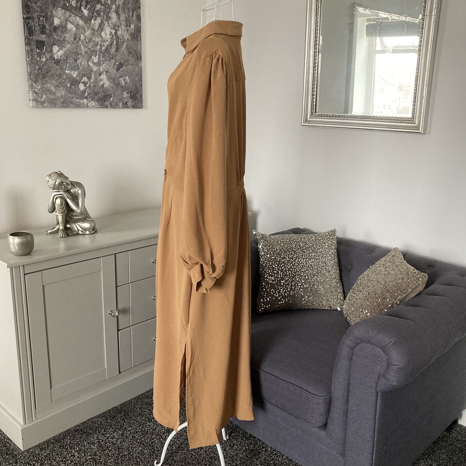 Camel Collared Long Sleeve Front Button Fastening Waist Tie Midi Shirt Dress 8